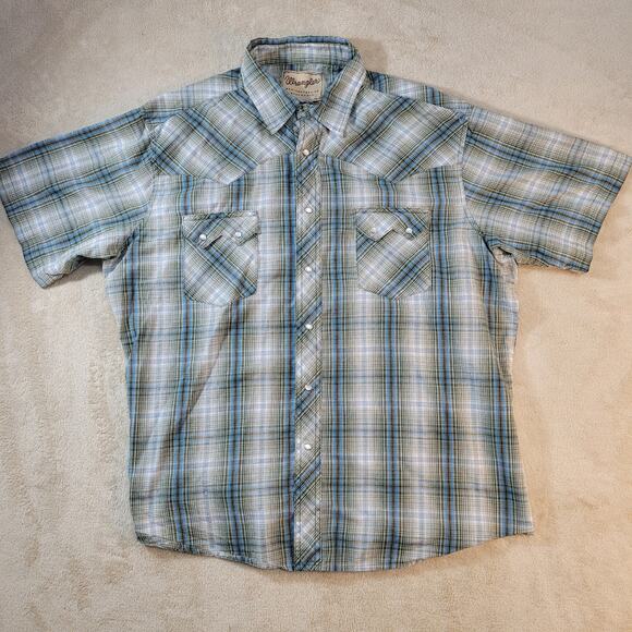 Wrangler Pearl Snap Shirt Men Large Blue Plaid‎  Short Sleeve Cowboy  Polyester - Picture 1 of 9